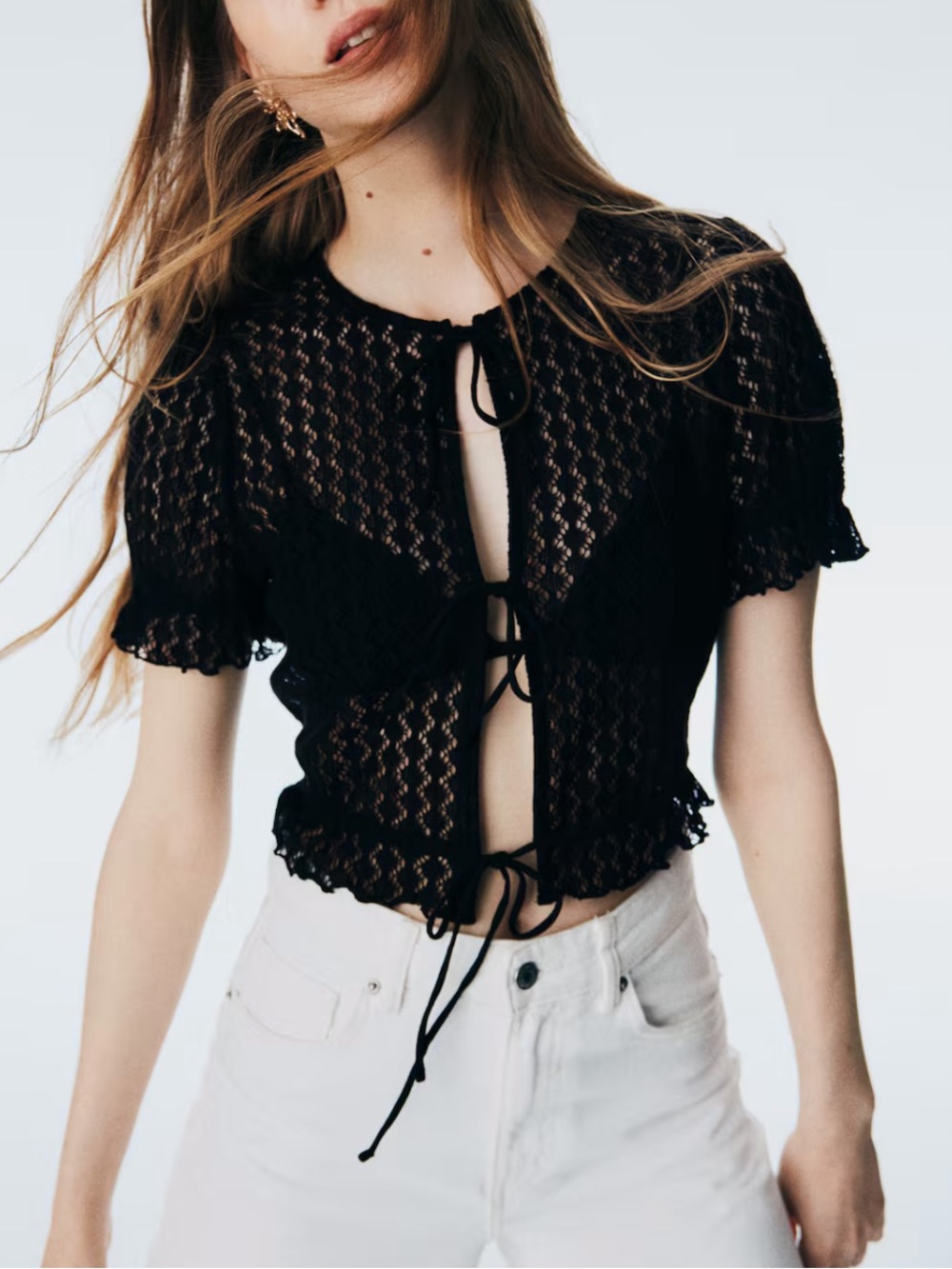 H&M Black Lace Tie-Front Crochet Crop Top